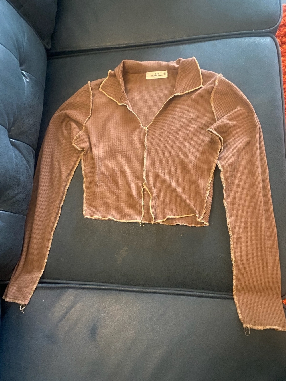 Brown Raw-Edge Waffle Knit Cropped Top
